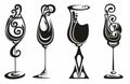 Set icons with wine glasses. Black silhouette with types wine glasses. Royalty Free Stock Photo