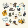 Set of Icons Winter Hike Theme. Backpack, Warm Clothes or Tourist Equipment Cauldron, Tent, Shoes and Matches, Lantern