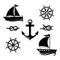 A set of icons of a yacht, a helm, a sailboat, a rope.