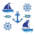 A set of icons of a yacht, a helm, a sailboat, a rope. Royalty Free Stock Photo