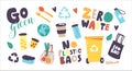 Set of Icons Zero Waste, No Plastic Theme. Recycling Litter Bin, Bamboo or Wooden Utensils, Eco Bag and Earth Globe Royalty Free Stock Photo