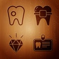 Set Id card with tooth, Tooth with caries, Diamond teeth and Teeth with braces on wooden background. Vector Royalty Free Stock Photo