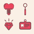 Set Id card with tooth, Dental implant, Dental inspection mirror and Diamond teeth icon. Vector Royalty Free Stock Photo