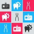 Set Id card with tooth, Tooth treatment procedure and Dental pliers icon. Vector