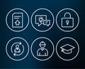 Idea lamp, Lock and Person info icons. Engineer, Upload file and Graduation cap signs.