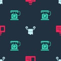 Set Identification badge, Toilet paper roll and Telephone handset on seamless pattern. Vector Royalty Free Stock Photo