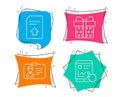 Identification card, Upload file and Gift box icons. Internet report sign.