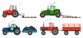 Set if farm tractors cultivates the land or carries a trailer. Heavy agricultural machinery for field work transport for Royalty Free Stock Photo