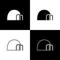 Set Igloo ice house icon isolated on black and white background. Snow home, Eskimo dome-shaped hut winter shelter, made