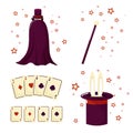 A set of the illusionist. Magician, rabbit, cards and magic wand.