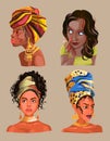 Set with Illustration of an African or latinos Girls Wearing Pretty Heads Scarves and Earrings. Used for print design