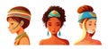 Set with Illustration of an African or latinos Girls Wearing Pretty Heads Scarves and Earrings. Used for print design