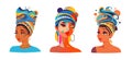 Set with Illustration of an African or latinos Girls Wearing Pretty Heads Scarves and Earrings. Used for print design