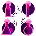 Set of illustration of chemistry glass bottle filled with a pink liquid potion. Love potion. Royalty Free Stock Photo
