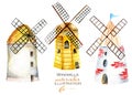 Set, illustration collection with watercolor windmills