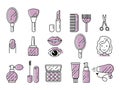 Set of illustration cosmetics with icons and signs in a linear style.