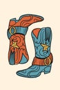 Set of illustration of cowboy boots in vintage style. Design elements for logo, emblem, sign, poster, card, and banner