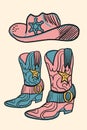 Set of illustration of cowboy boots in vintage style. Design elements for logo, emblem, sign, poster, card, and banner