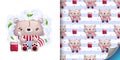 Set of illustration of cute sick teddy bear in a scarf and seamless pattern. Vector child illustration on a white