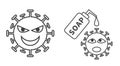 A set of illustration for an evil corona virus left and a corona virus scared of soap right.