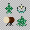 set illustration of ketupat, islamic drum, crescent moon and star isolated for easy editing.