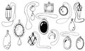 Set of illustration of magic amulets and jewelry pendants. Doodle images of mascots isolated on white background