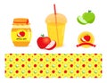 Set illustration with ripe apple. Glass jar with label and yellow jam.