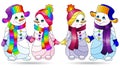 Stained glass illustration with cute cartoon snowmen isolated on a white background
