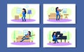 Set illustration of woman musician play music instrument, piano, saxophone, violin, guitar, at home. quarantine activity Royalty Free Stock Photo