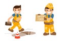 Set of illustrations - accident at work injures. Falling in the open manhole Royalty Free Stock Photo