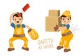 Fallen brick, worker without helmet, worker with heavy boxes and back pain
