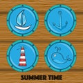 Set of illustrations of anchor, whale, boat, lighthouse in round