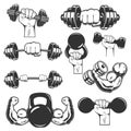 Set of illustrations of athlete hand with dumbbell, kettlebell. Design element for poster, card, banner, sign.