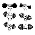 Set of illustrations of athlete hand with dumbell, barbell. Design element for poster, emblem, sign