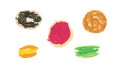 Set of illustrations of baked goods drawn with wax crayons in a children`s style.Collection of images of Sweet food