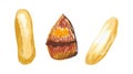 Set of illustrations of baked goods drawn with wax crayons in a children`s style.Collection of images of Sweet food