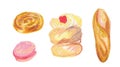 Set of illustrations of baked goods drawn with wax crayons in a children`s style.Collection of images of Sweet food