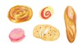 Set of illustrations of baked goods drawn with wax crayons in a children`s style.Collection of images of Sweet food
