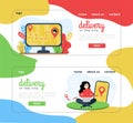 Set of illustrations banner city delivery. Illustration of a girl at a laptop making a delivery order, on a smartphone