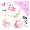 Set of illustrations for the birth of a girl. Stork with baby. Baby shower. Vector
