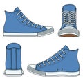 Set of illustrations with blue sneakers. Isolated vector objects.