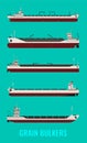 Set of illustrations of bulk carriers with cereals corn, sunflower, wheat on a blue sea background