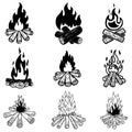 Set of illustrations of campfire. Design element for logo, label, sign, poster.