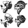 Set of illustrations of cartoon wolf in baseball hat, racer helmet. Design element for logo, label, sign, emblem, banner