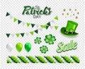 Set of illustrations for celebrating St. Patrick`s Day. Leprechaun hat, pot of gold, clover and flag. Royalty Free Stock Photo