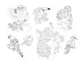 Set of illustrations for children coloring book. Black and white pictures of different birds. Kids activity sheet. Vector cartoon