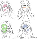 a set of illustrations contour girl applies a mask