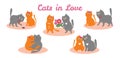 Set of illustrations with couple of cats in love. Cute cartoon cats in different poses