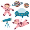 A set of illustrations with cute astronauts, a spaceship, a telescope and planets in cartoon style