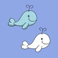 A set of illustrations, a cute character, a large light blue whale, sea life, a vector in cartoon